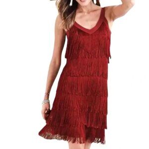 White House Black Market Tiered Fringe Flapper Dress Double V-neck Deep Red